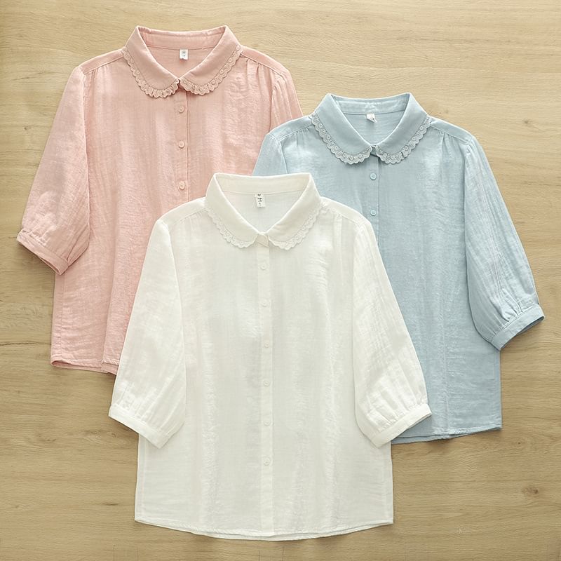 Puff-Sleeved Lace-Trimmed Plain Blouse