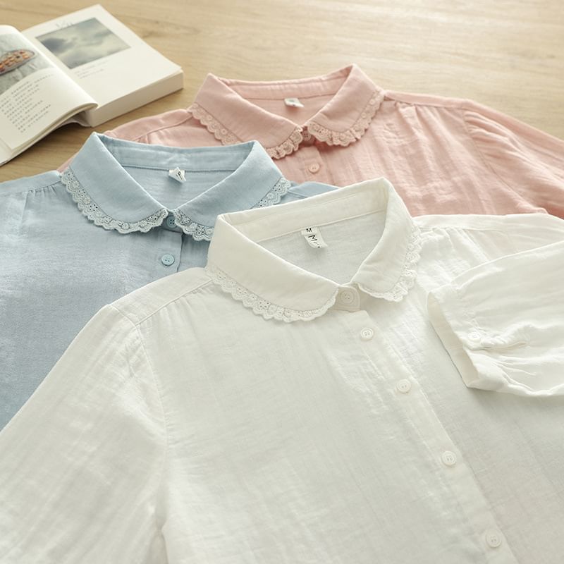 Puff-Sleeved Lace-Trimmed Plain Blouse