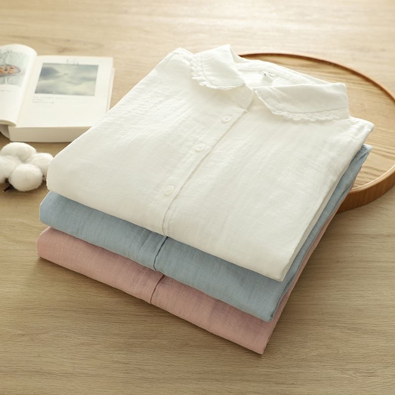 Puff-Sleeved Lace-Trimmed Plain Blouse