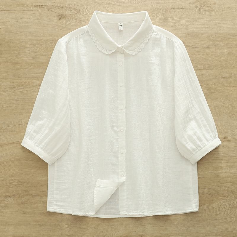 Puff-Sleeved Lace-Trimmed Plain Blouse