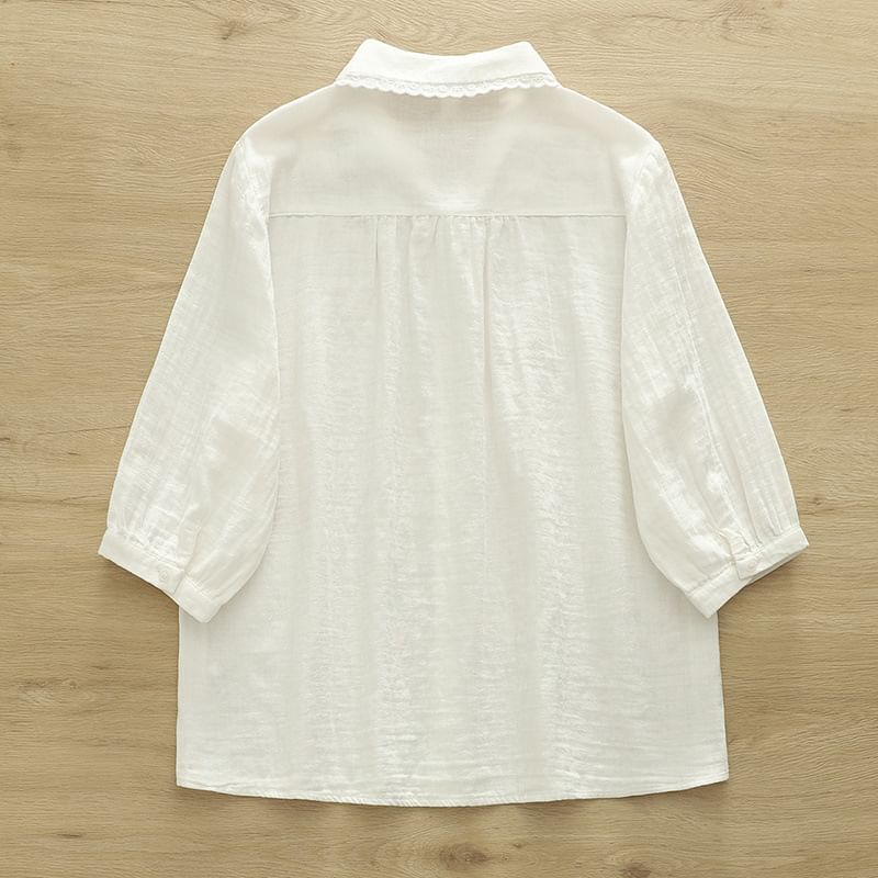 Puff-Sleeved Lace-Trimmed Plain Blouse