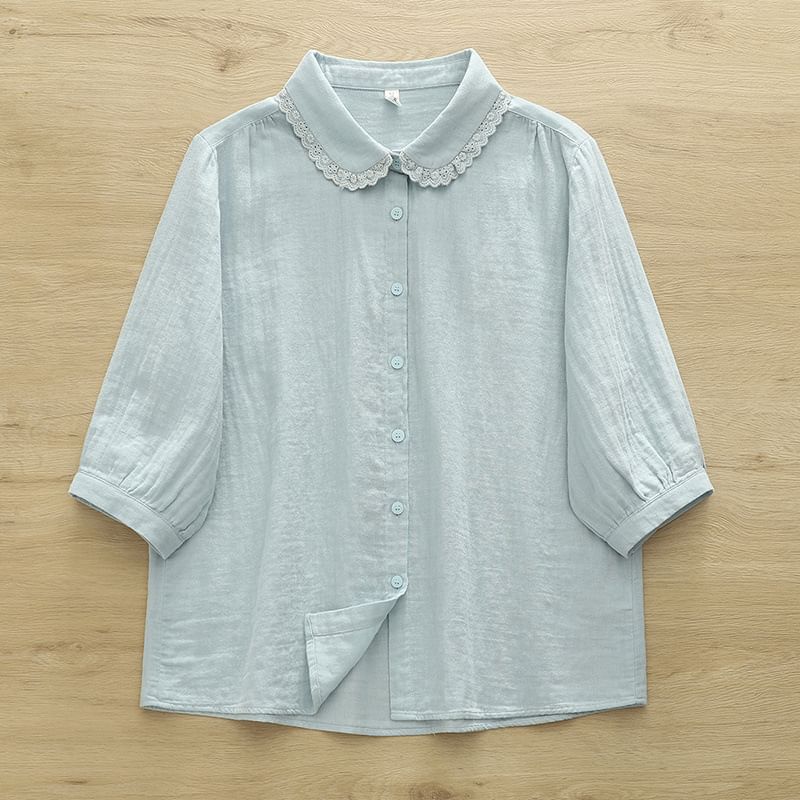Puff-Sleeved Lace-Trimmed Plain Blouse
