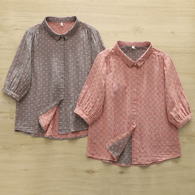 Plaid Puff-Sleeved Blouse