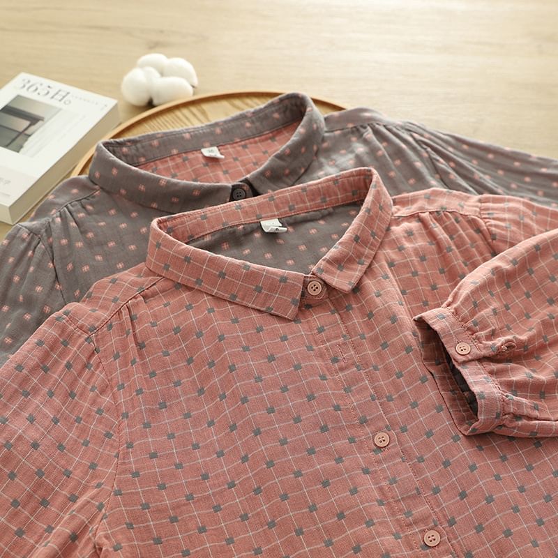 Plaid Puff-Sleeved Blouse