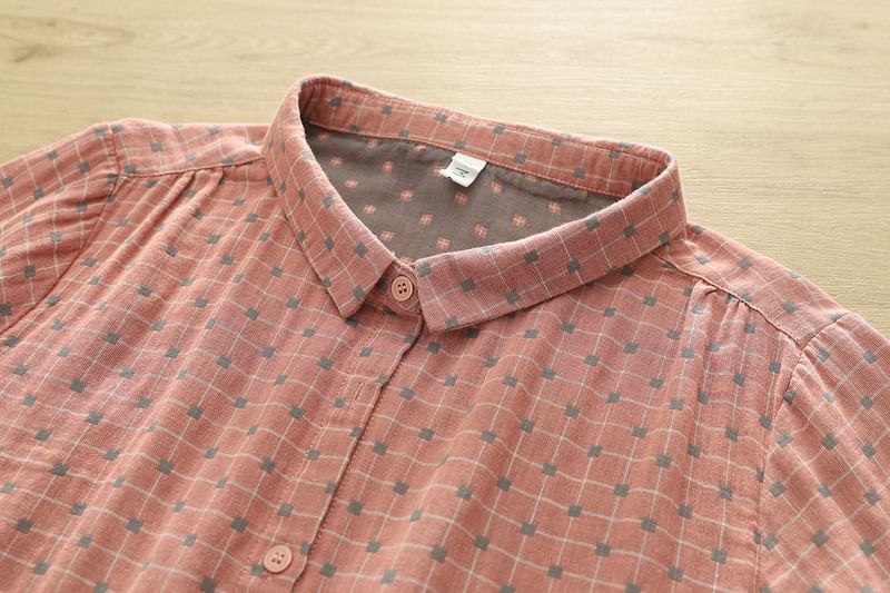 Plaid Puff-Sleeved Blouse