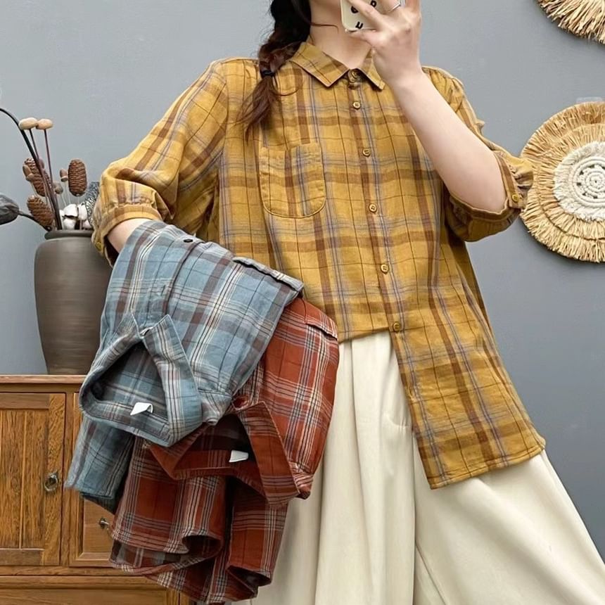 Plaid Puff-Sleeved Pocket-Front Blouse