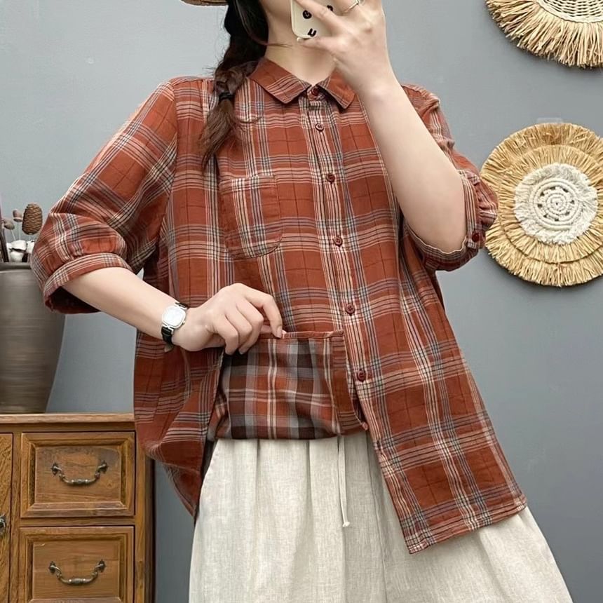 Plaid Puff-Sleeved Pocket-Front Blouse