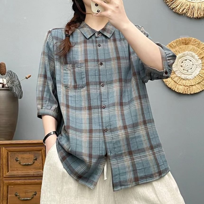 Plaid Puff-Sleeved Pocket-Front Blouse