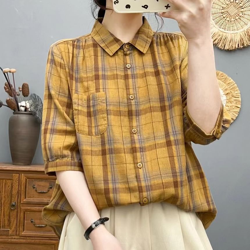 Plaid Puff-Sleeved Pocket-Front Blouse