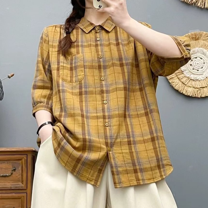 Plaid Puff-Sleeved Pocket-Front Blouse