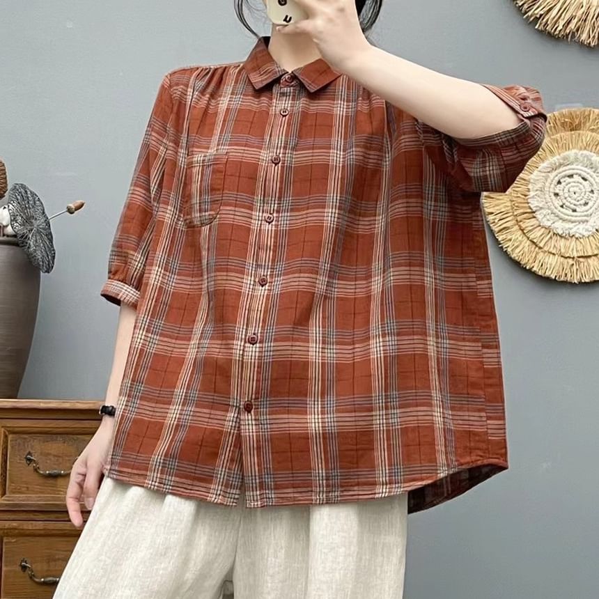 Plaid Puff-Sleeved Pocket-Front Blouse