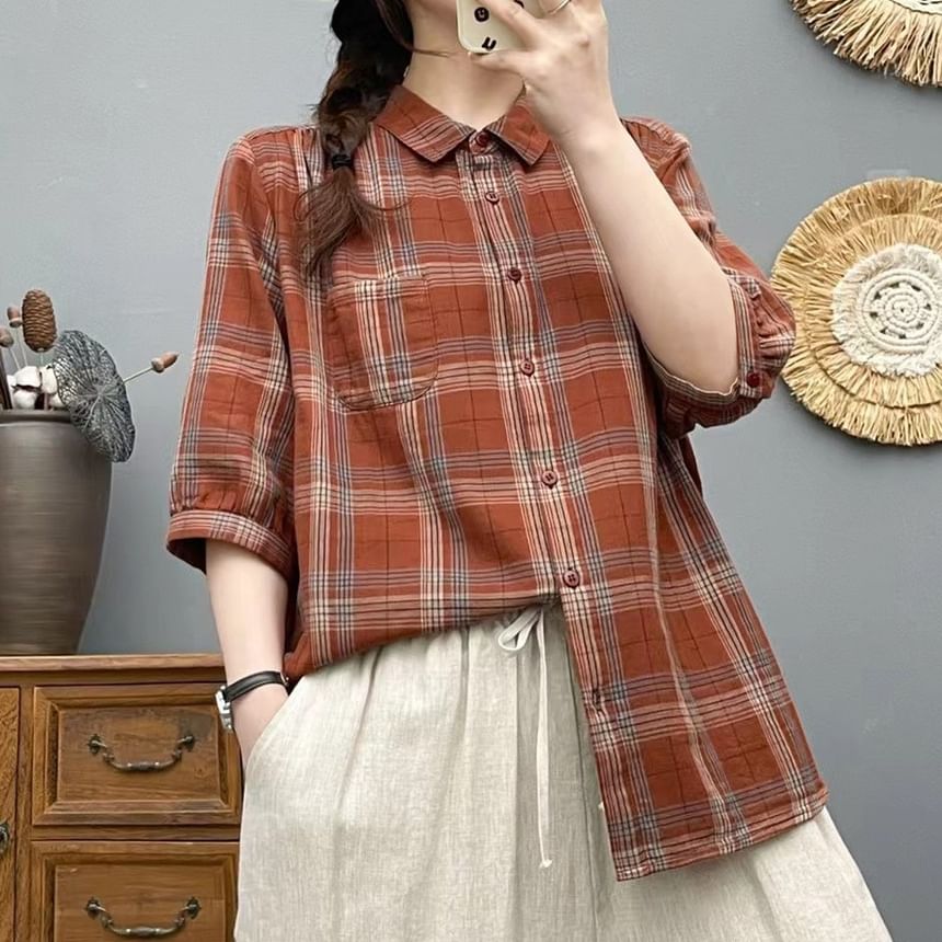 Plaid Puff-Sleeved Pocket-Front Blouse