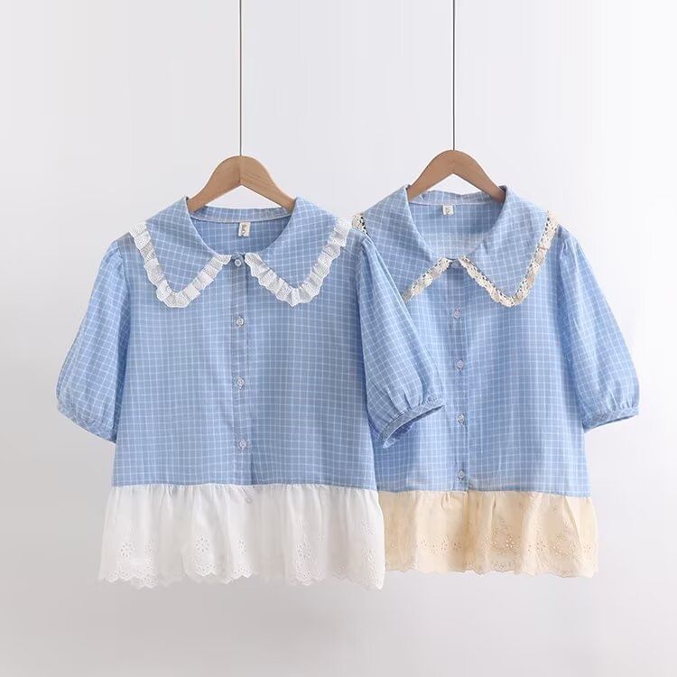 Puff-Sleeved Plaid Lace-Trimmed Blouse