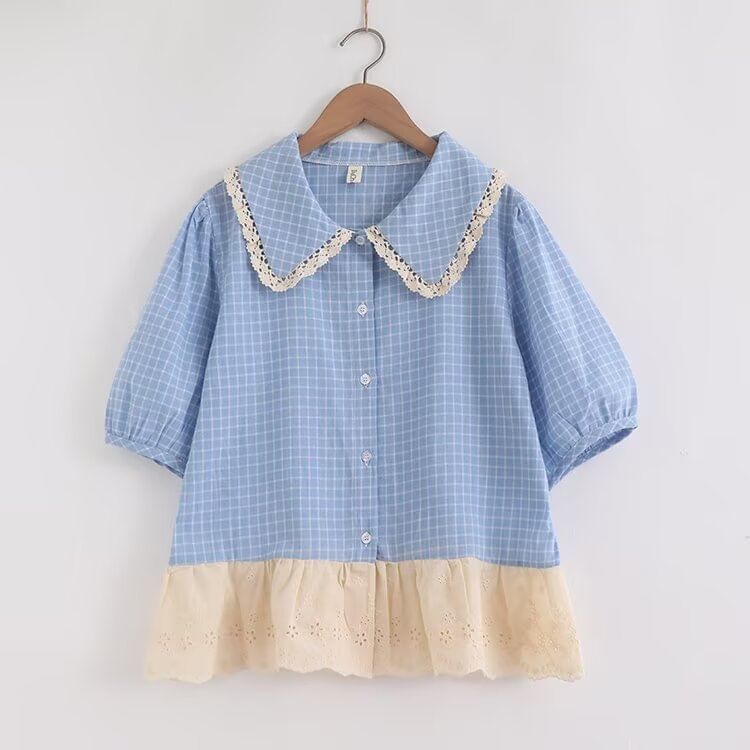 Puff-Sleeved Plaid Lace-Trimmed Blouse