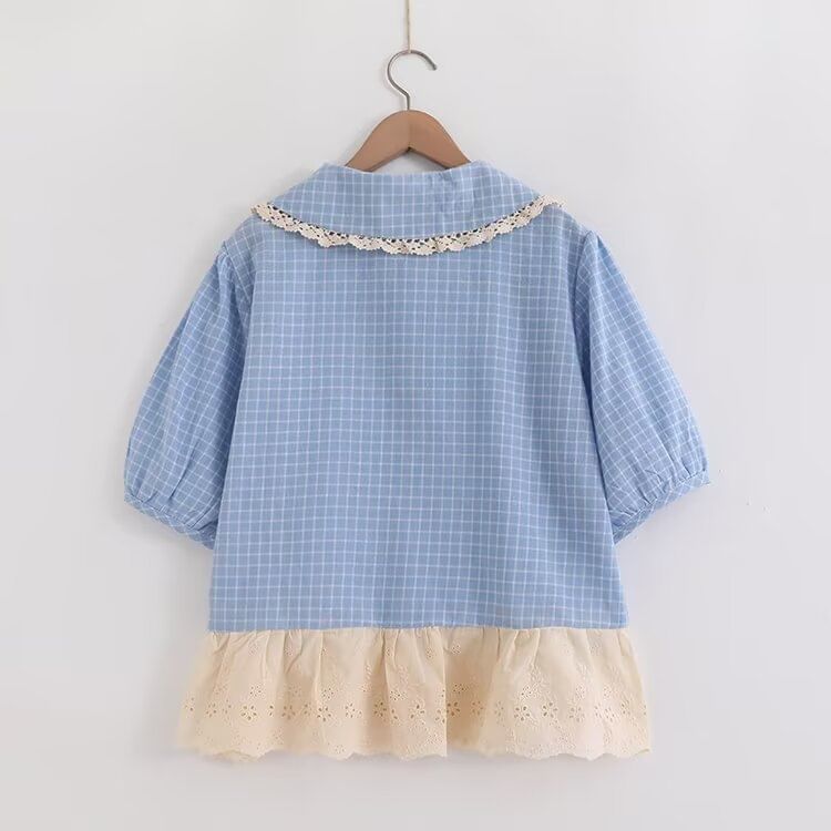 Puff-Sleeved Plaid Lace-Trimmed Blouse