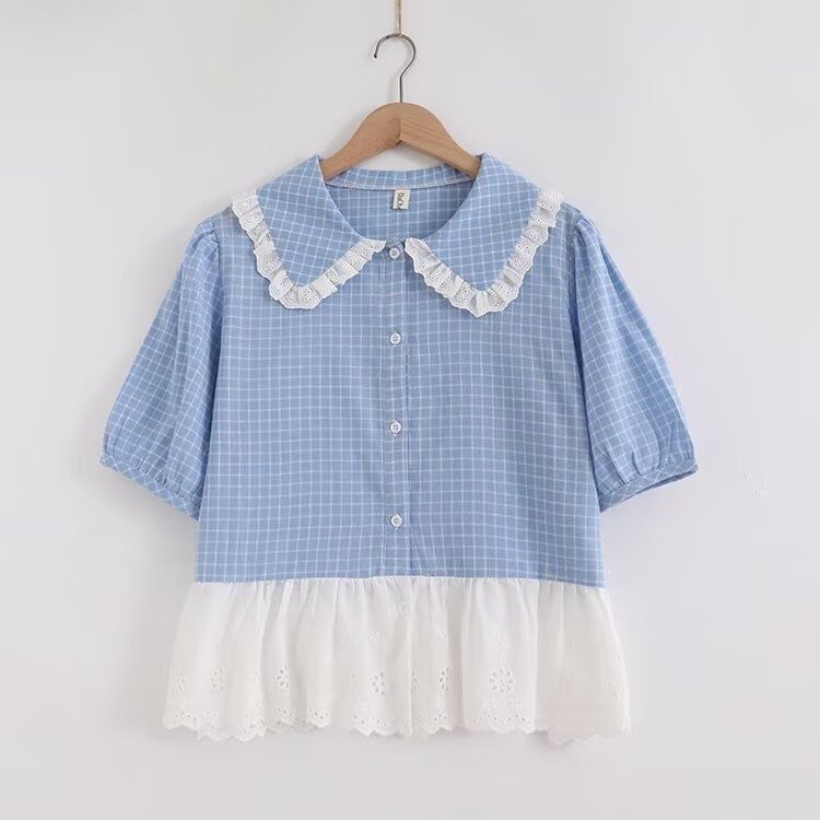Puff-Sleeved Plaid Lace-Trimmed Blouse