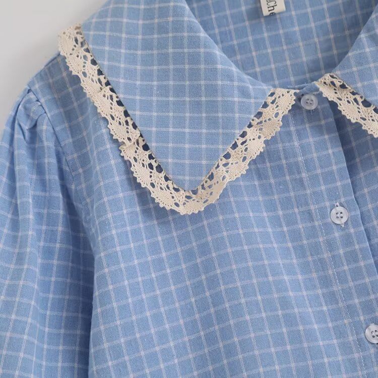 Puff-Sleeved Plaid Lace-Trimmed Blouse