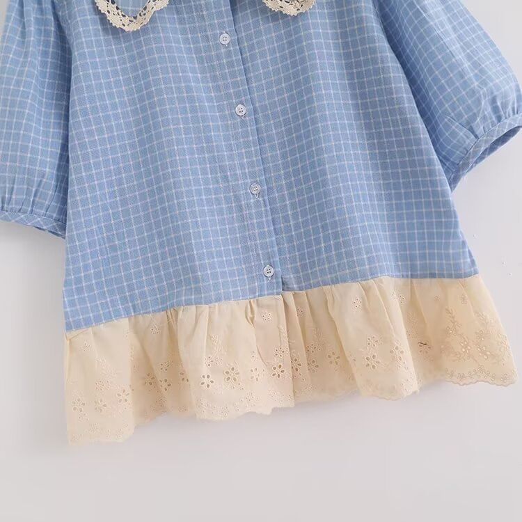 Puff-Sleeved Plaid Lace-Trimmed Blouse