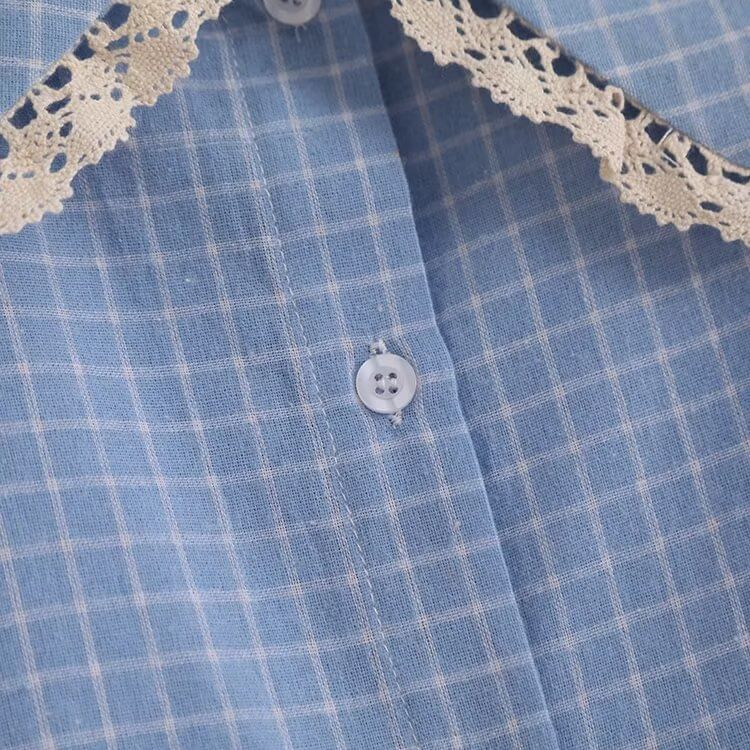 Puff-Sleeved Plaid Lace-Trimmed Blouse