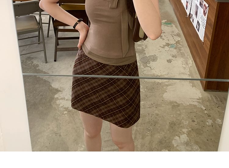 Sleeveless Mock Neck Mock Two Piece Tie-Up Lace Mesh Top