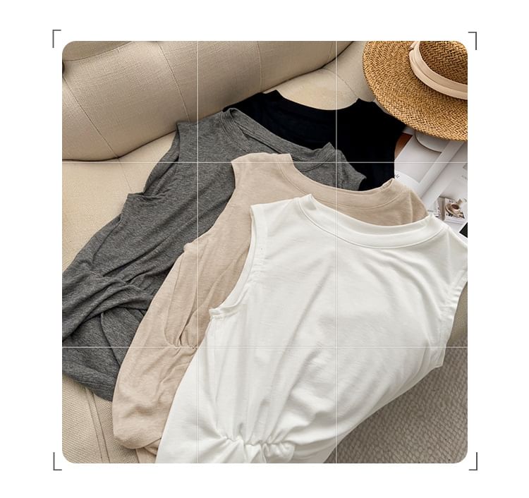 Ruched Asymmetric Sleeveless Tank Top with Round Neckline