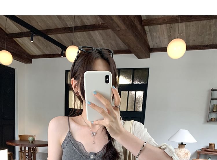 Lace Button-Panel Plain V-Necked Cami Top