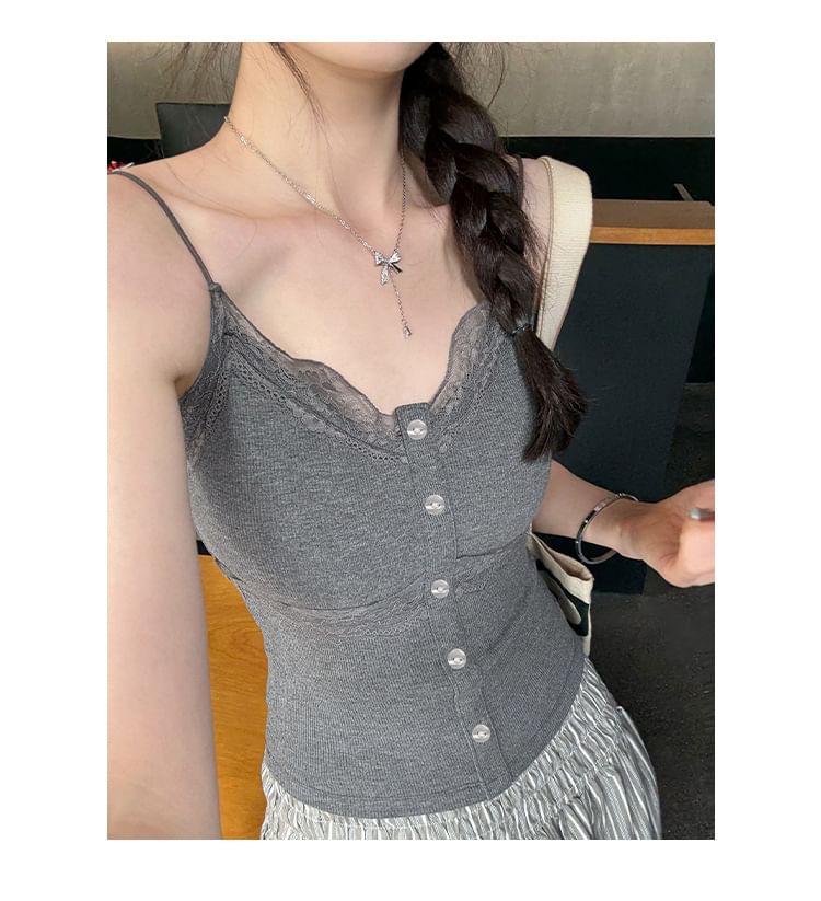 Lace Button-Panel Plain V-Necked Cami Top