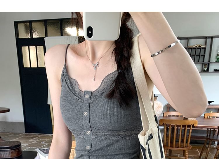 Lace Button-Panel Plain V-Necked Cami Top