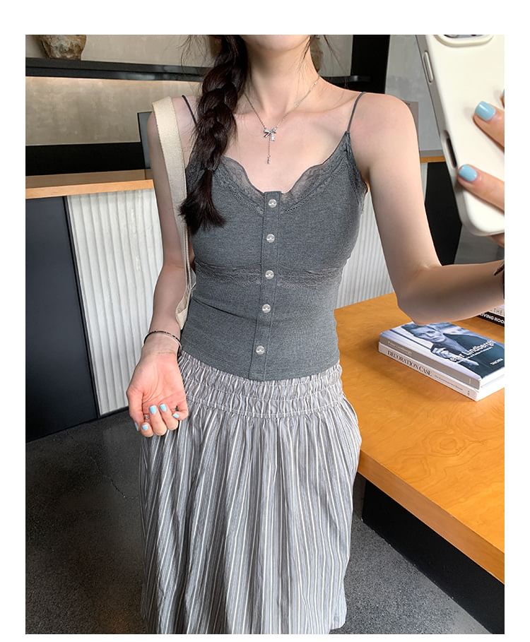 Lace Button-Panel Plain V-Necked Cami Top