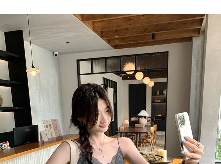 Lace Button-Panel Plain V-Necked Cami Top