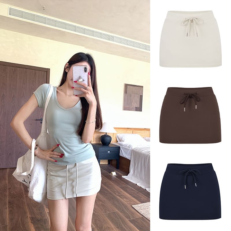 Drawstring Waist Mini Pencil Skirt Plain