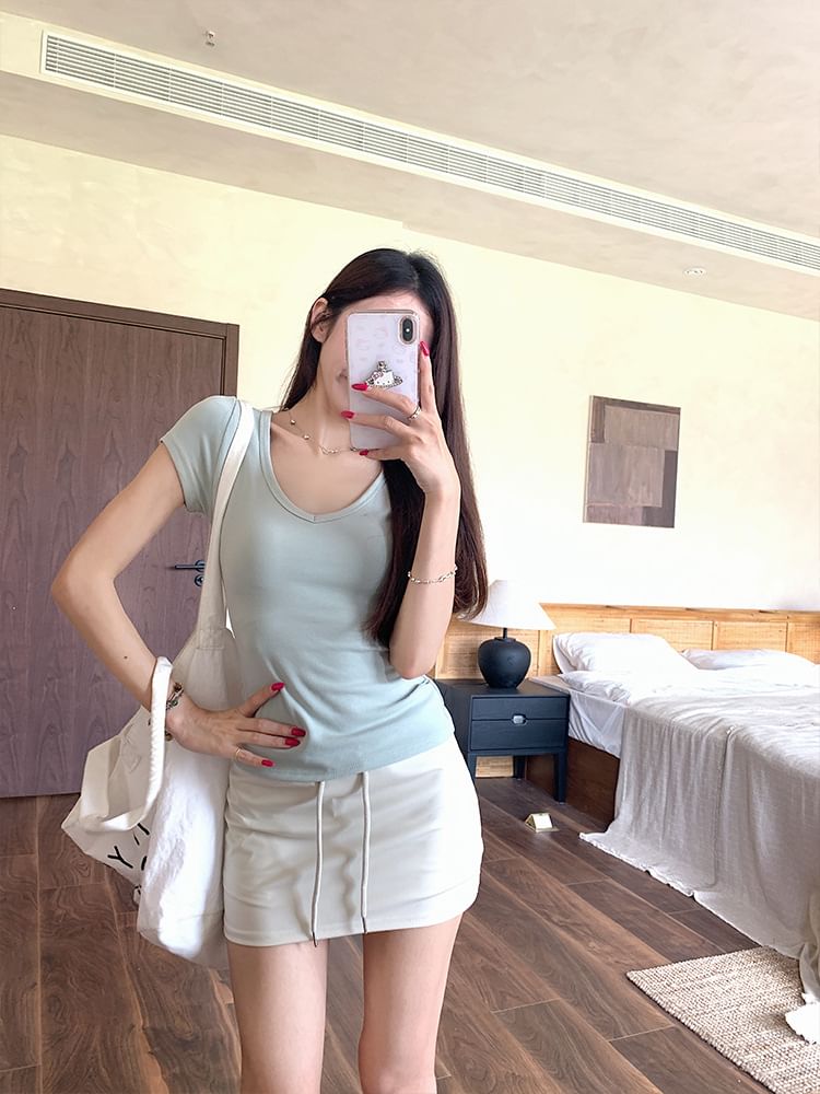 Drawstring Waist Mini Pencil Skirt Plain