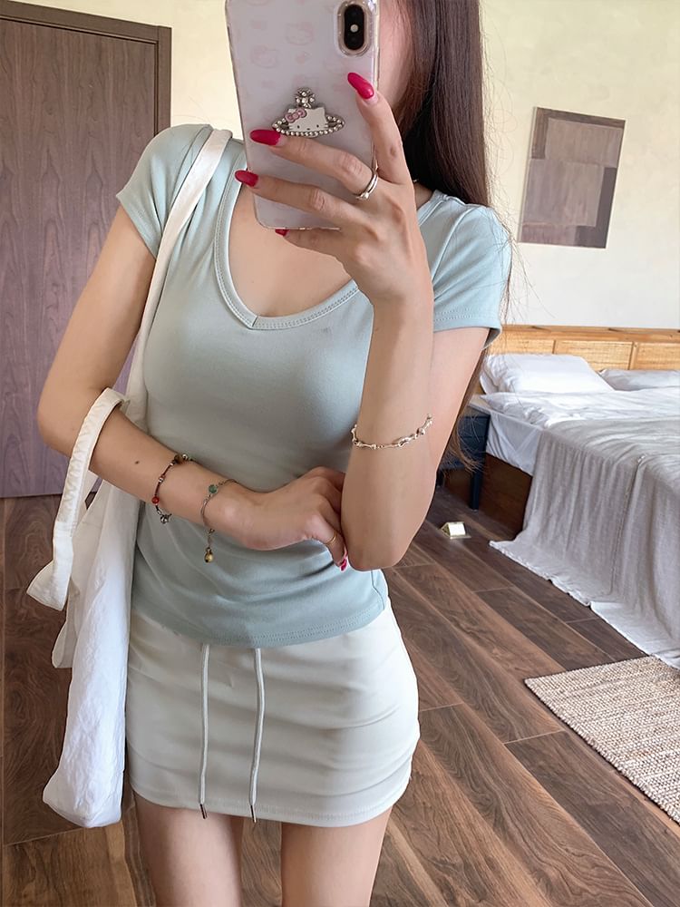 Drawstring Waist Mini Pencil Skirt Plain