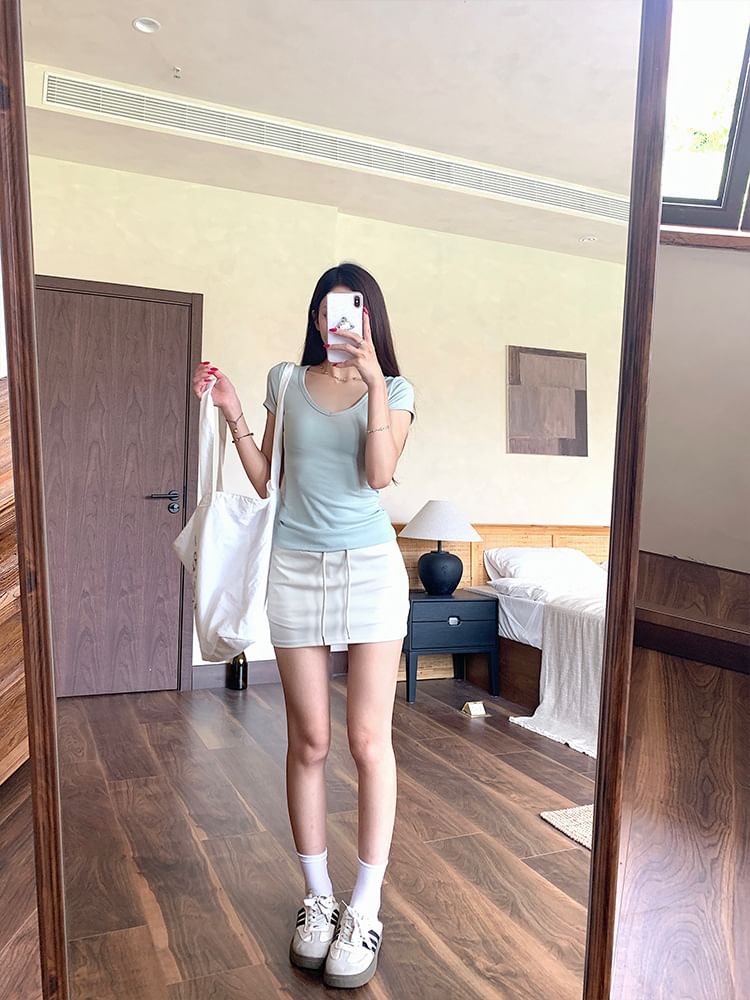 Drawstring Waist Mini Pencil Skirt Plain