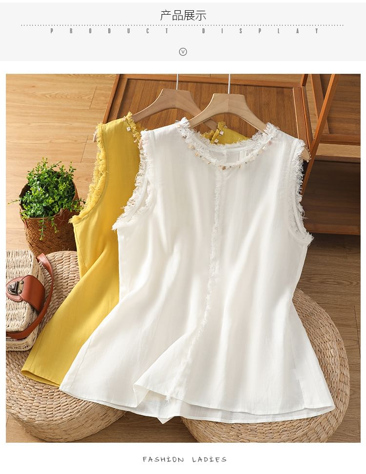 Fringe-Trimmed Sleeveless Plain Round-Necked Top