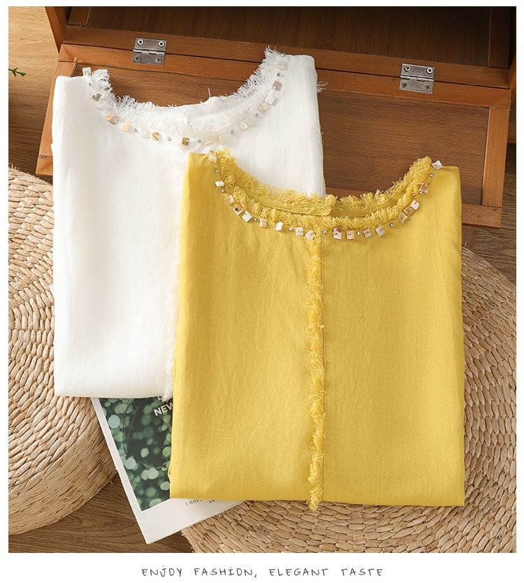 Fringe-Trimmed Sleeveless Plain Round-Necked Top