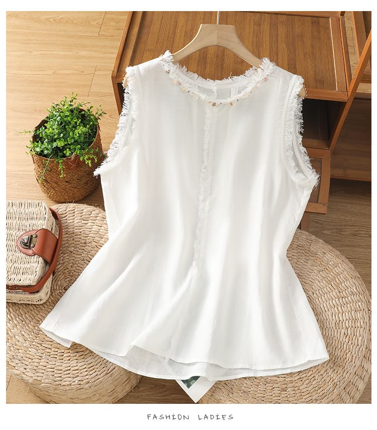 Fringe-Trimmed Sleeveless Plain Round-Necked Top