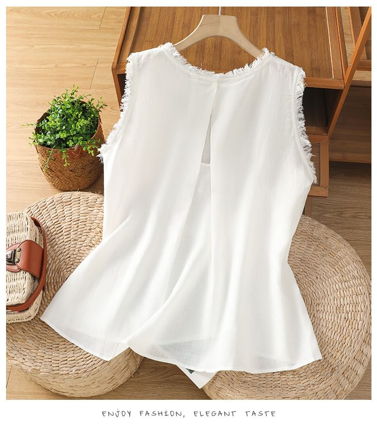 Fringe-Trimmed Sleeveless Plain Round-Necked Top
