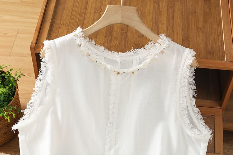 Fringe-Trimmed Sleeveless Plain Round-Necked Top