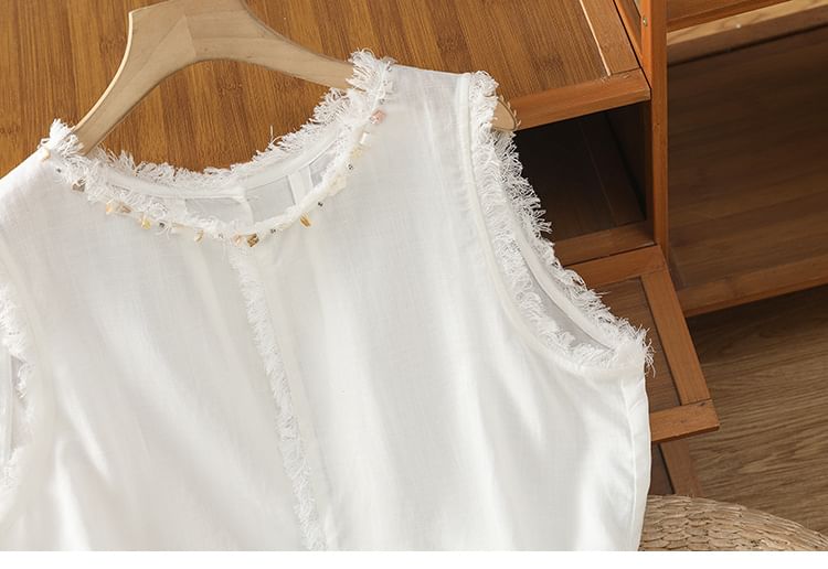 Fringe-Trimmed Sleeveless Plain Round-Necked Top