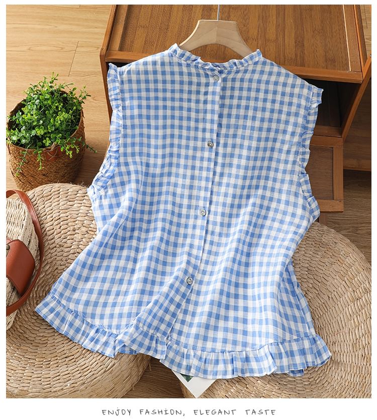 Plaid Sleeveless Crew-Necked Ruffled Blouse