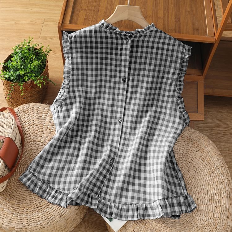 Plaid Sleeveless Crew-Necked Ruffled Blouse