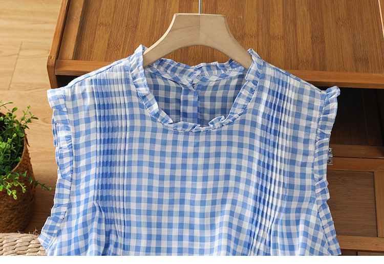 Plaid Sleeveless Crew-Necked Ruffled Blouse