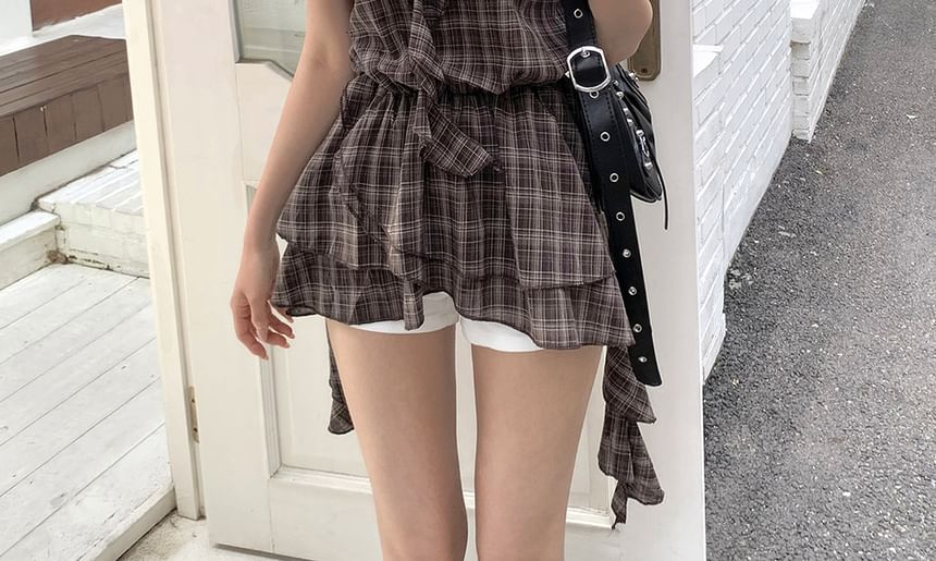 Plaid Spaghetti-Strap V-Necked Ruffled Camisole Top