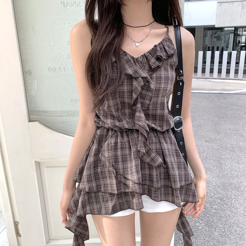 Plaid Spaghetti-Strap V-Necked Ruffled Camisole Top