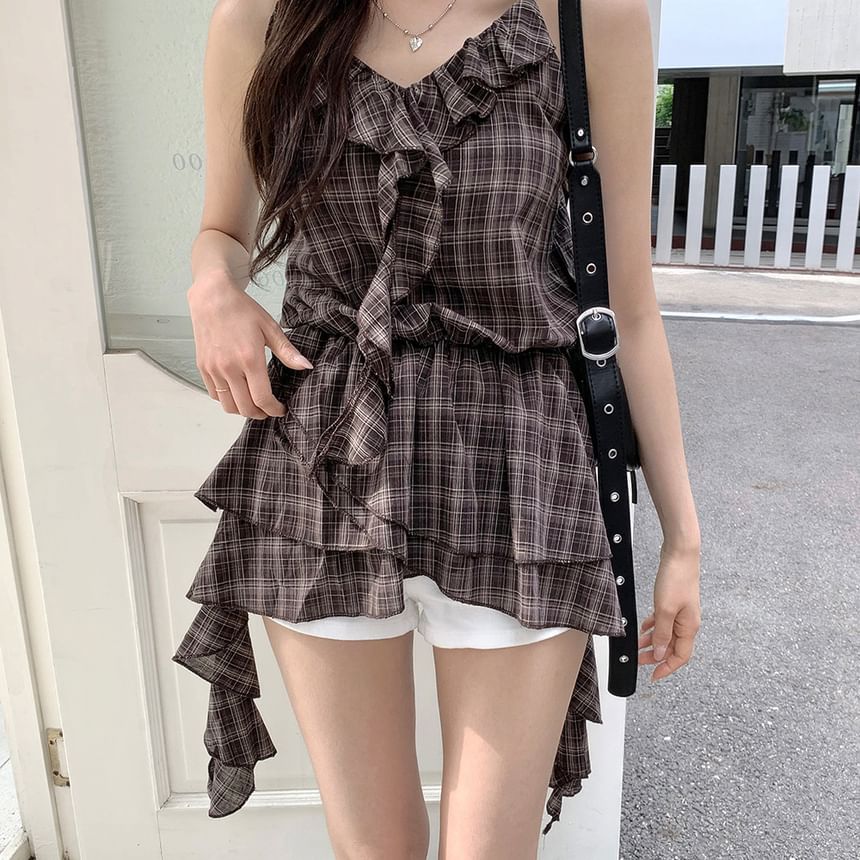 Plaid Spaghetti-Strap V-Necked Ruffled Camisole Top