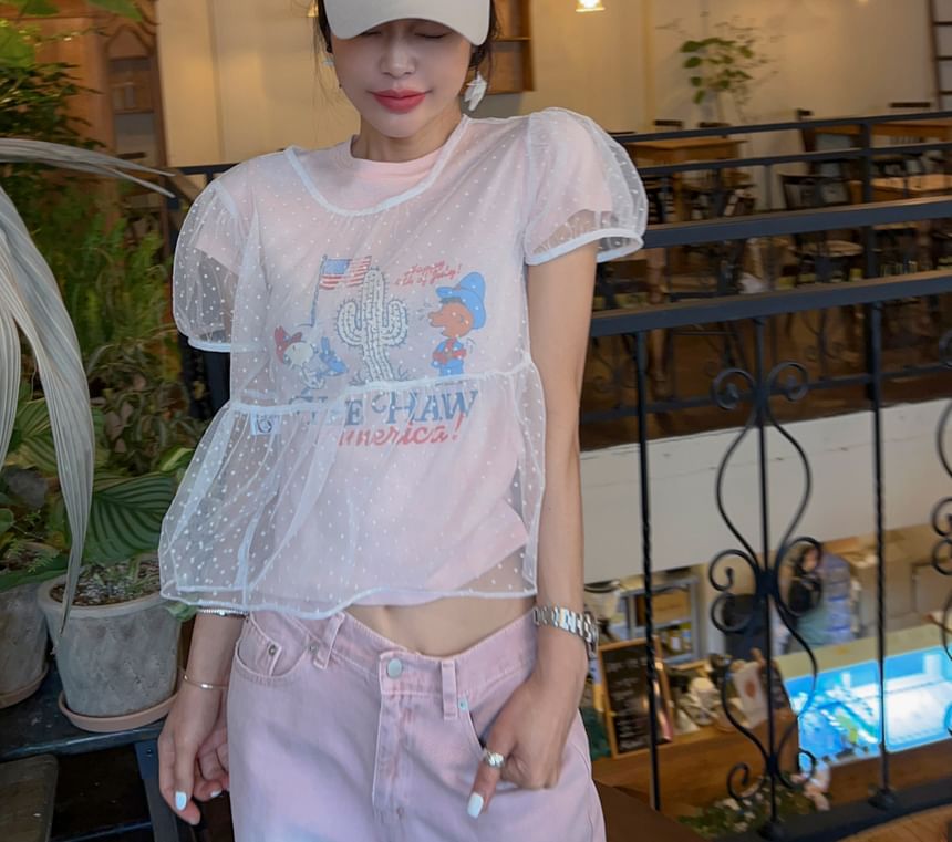 Dotted Sheer Short-Sleeved Round-Necked Crop Top