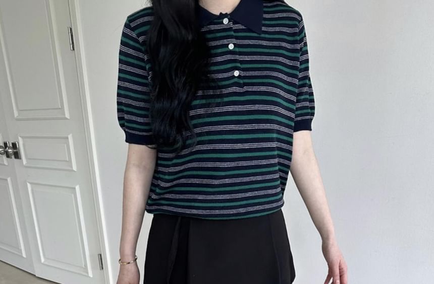 Striped Short-Sleeved Knitted Polo Shirt