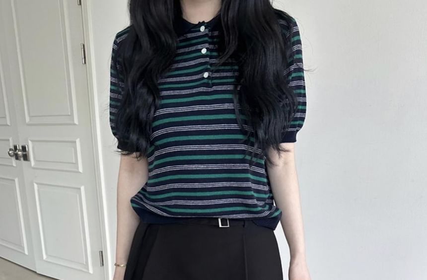 Striped Short-Sleeved Knitted Polo Shirt