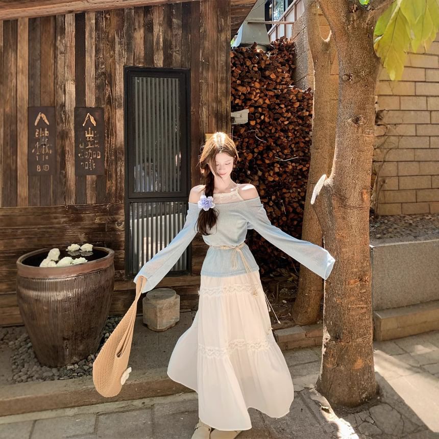 Lace-Paneled Cold-Shoulder Mock Two-Piece Long-Sleeved Tee with High-Waisted Maxi A-Line Skirt and String Belt Set